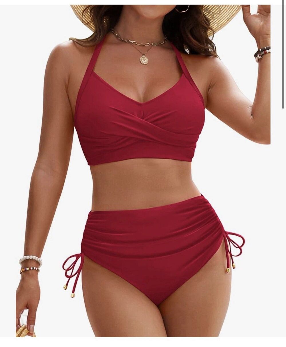 Women 2 Piece Bikini Set High Waist Split Swimsuit Drawstring Sexy Swimwear M